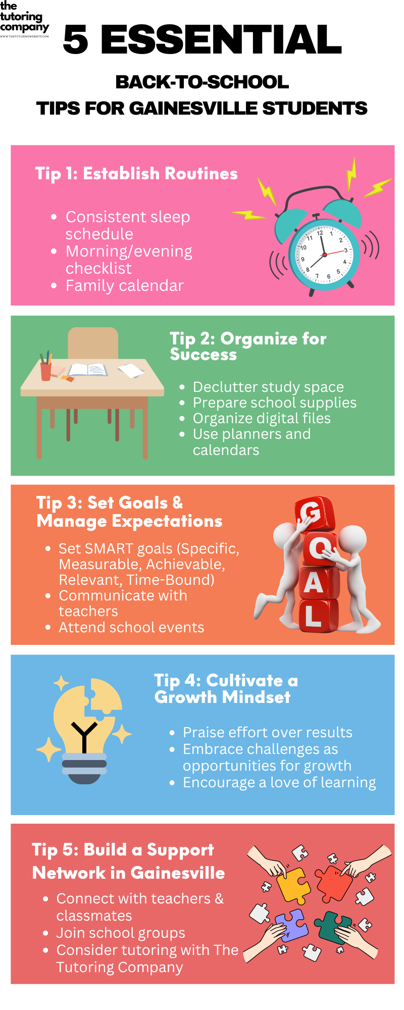 Get your Gainesville student ready for a successful back-to-school season! This guide from The Tutoring Company offers 5 essential tips on routines, organization, goal setting, mindset, and building a support system, tailored to Florida standards.